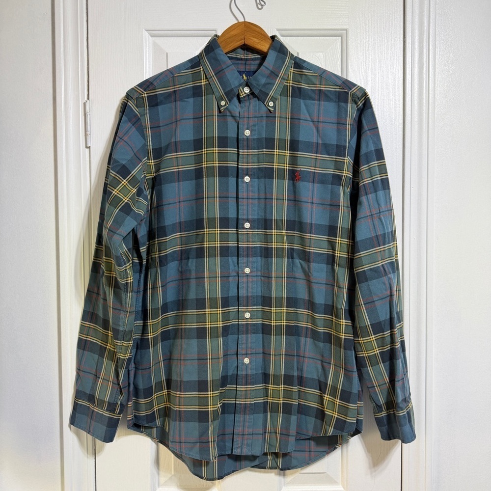 Ralph Lauren Pony Logo Custom Fit Mens Button Down blue plaid Shirt M